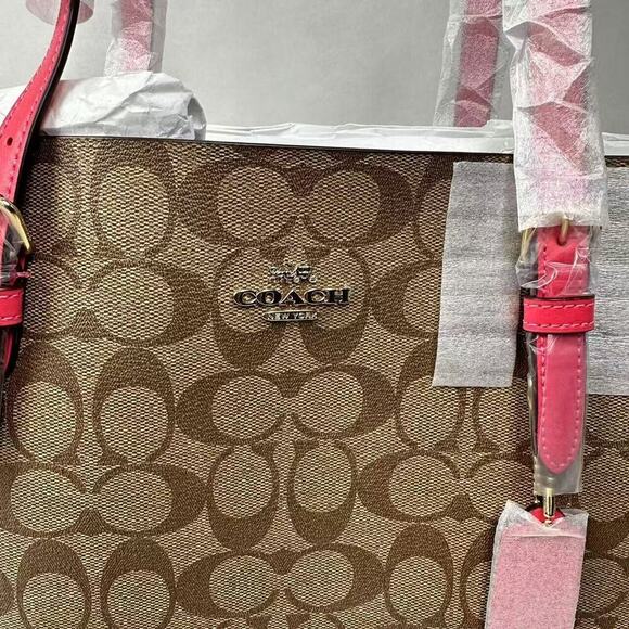 Coach Mollie Tote Bag In Signature Canvas In Khaki/Electric Pink 1665 NWT - Picture 8 of 11
